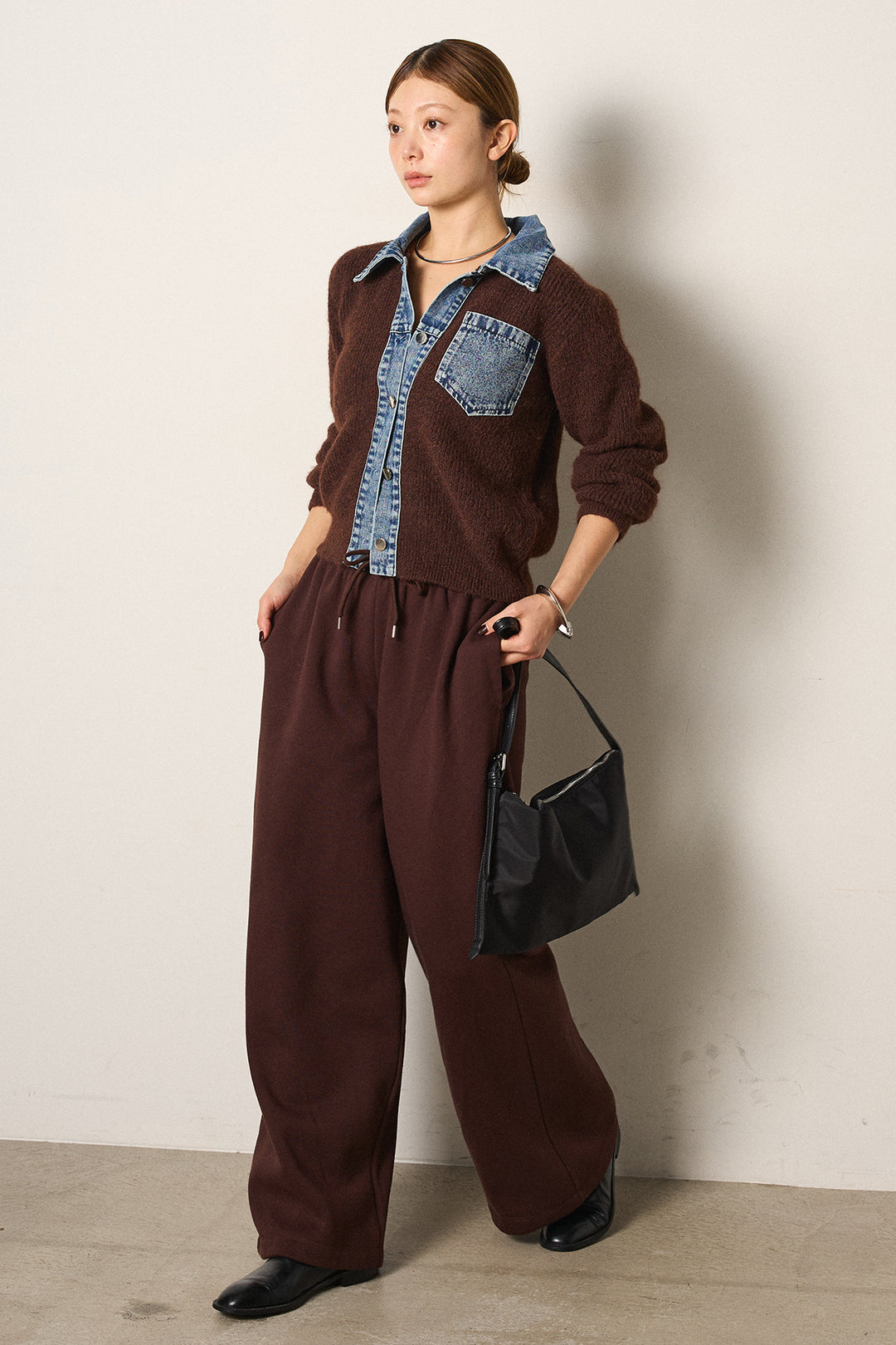 [SET]襟付きデニム切替ニットカーディガン+裏起毛スウェットワイドパンツ(2set)