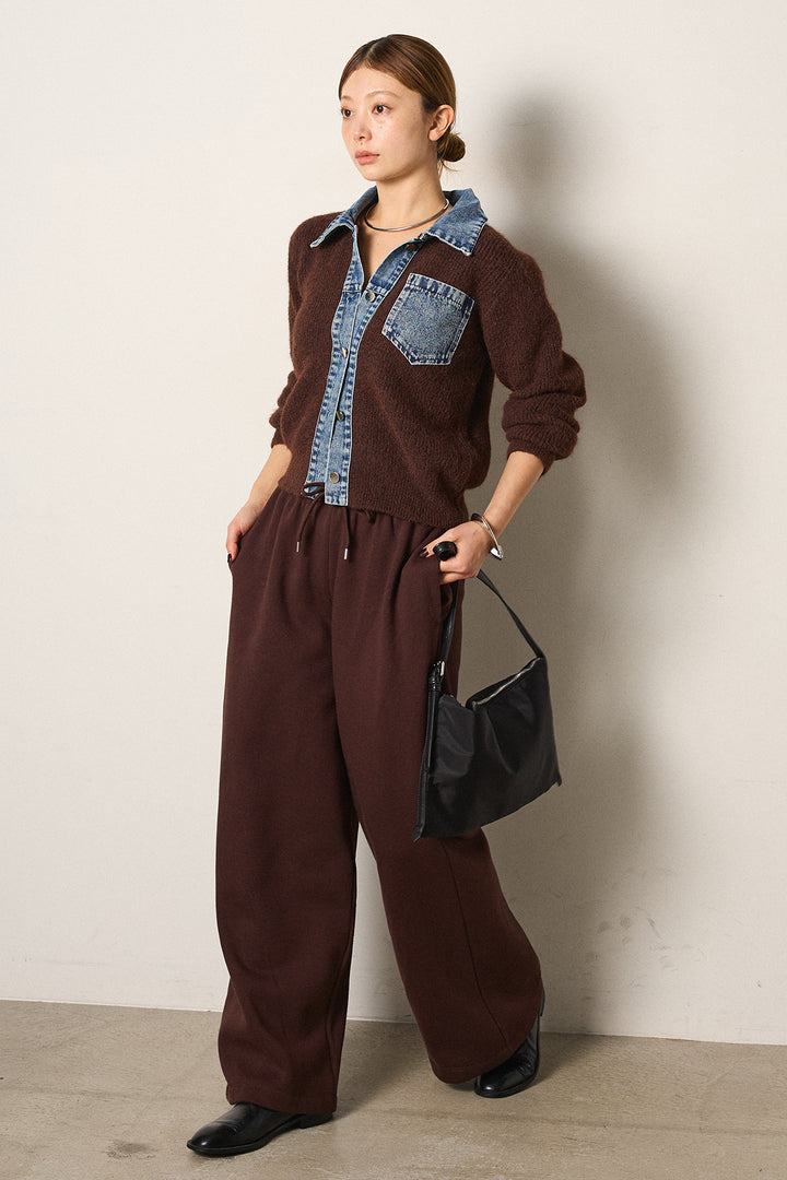 [SET]襟付きデニム切替ニットカーディガン+裏起毛スウェットワイドパンツ(2set)