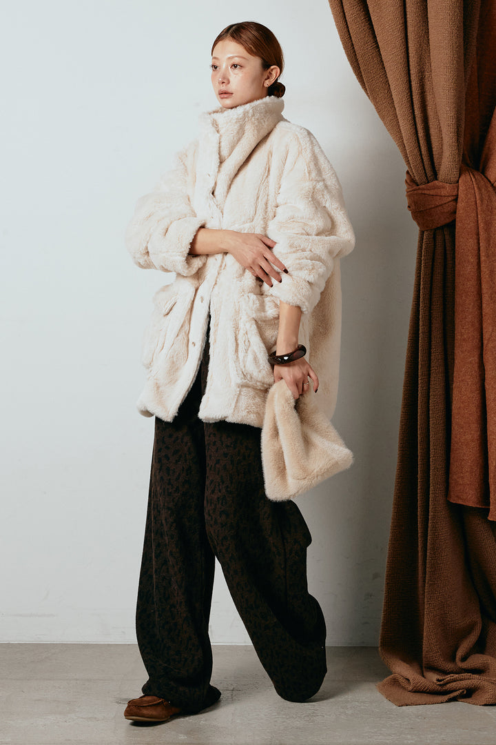 [SET]スタンドネックファーコート+レオパードジャガードニットパンツ(2set)