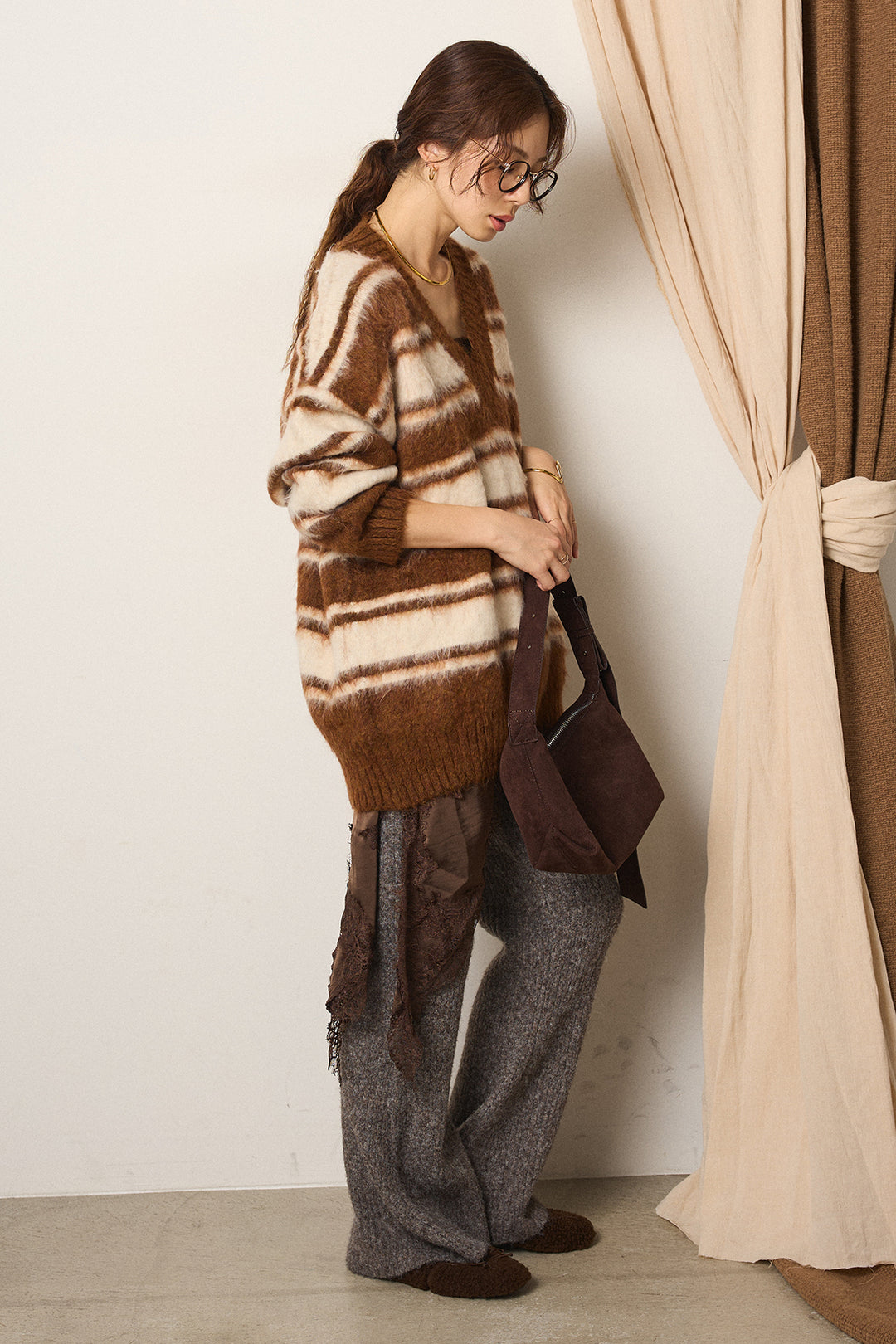 [SET]ルーズVネックボーダーニットトップス+杢ニットリブフレアパンツ(2set)