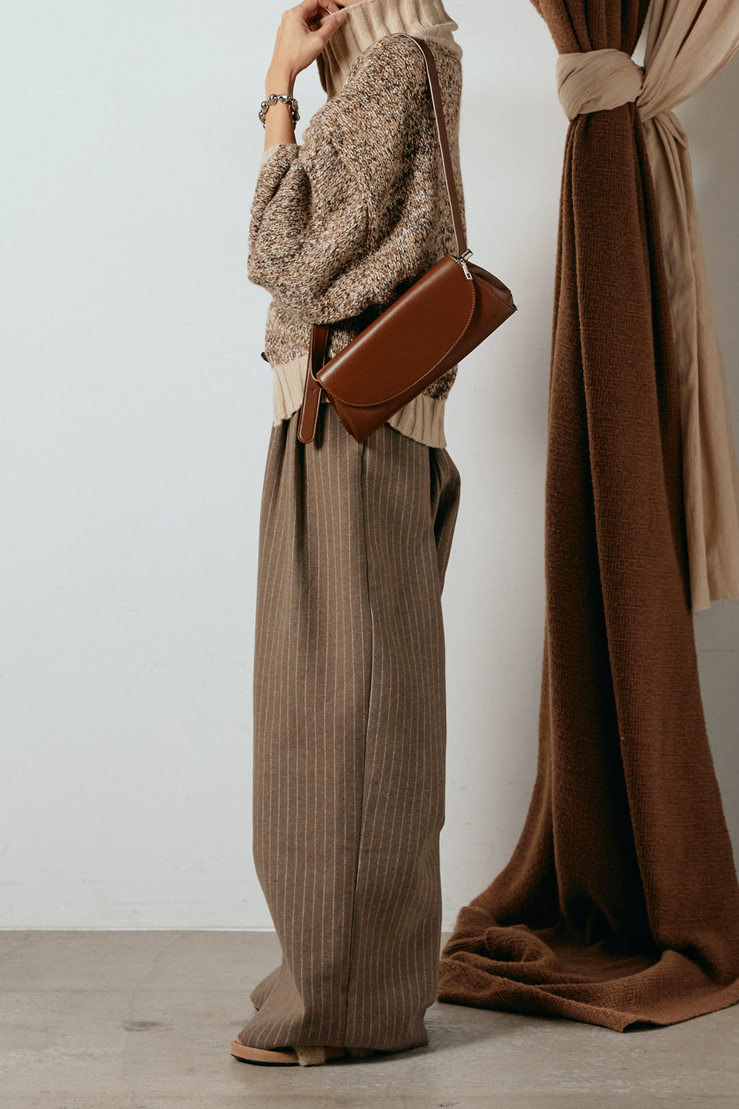 [SET]ハイネックミックスニットカーディガン+ウールライクストライプパンツ(2set)