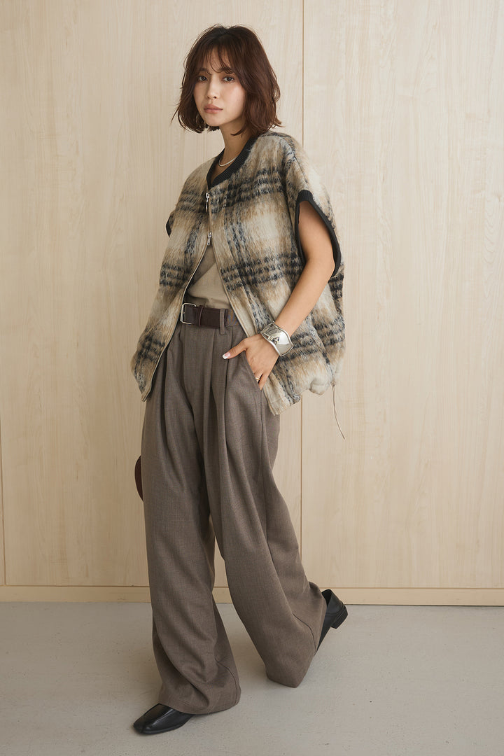 [SET]シャギーチェックベストブルゾン+ウエストベルトデザインパンツ(2set)