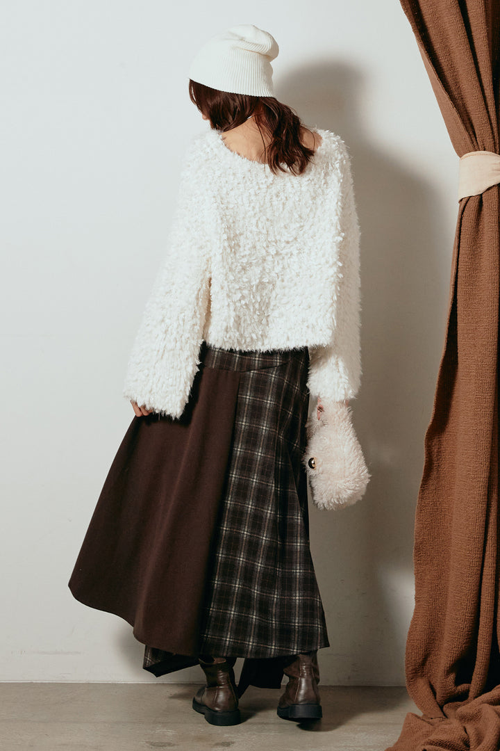 [SET]深Vネックチョウチョヤーンニットトップス+フェイクレザーベルト付き切り替えタータンチェックスカート(2set)