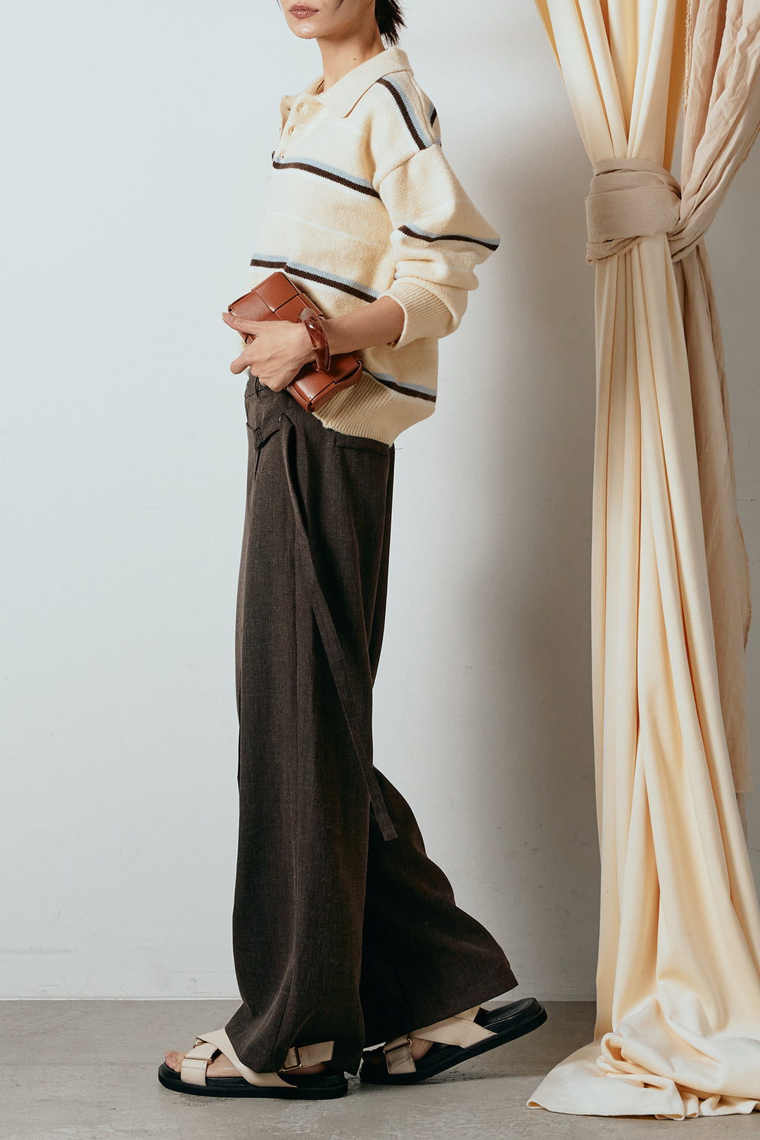 [SET]襟付きマルチボーダーニットポロトップス+ラップ巻きワイドスラックス(2set)