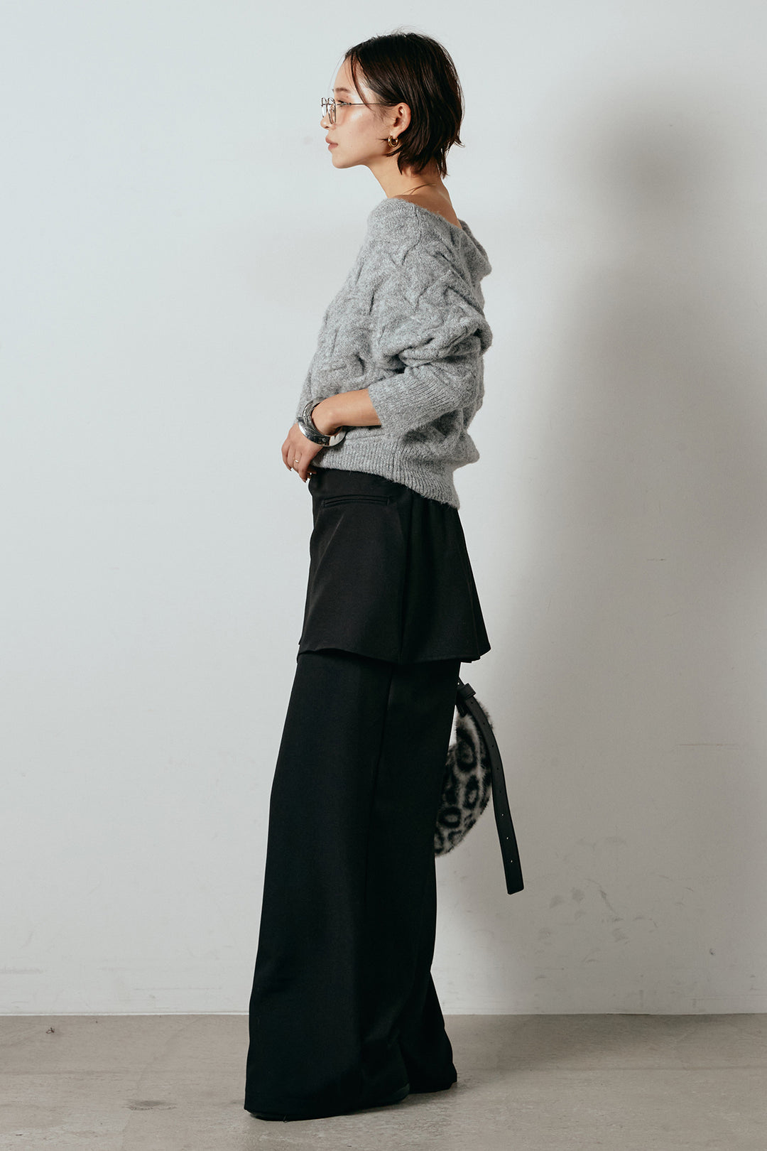 [SET]ボートネックニットトップス+ベルト付きウエストデザインパンツ(2set)