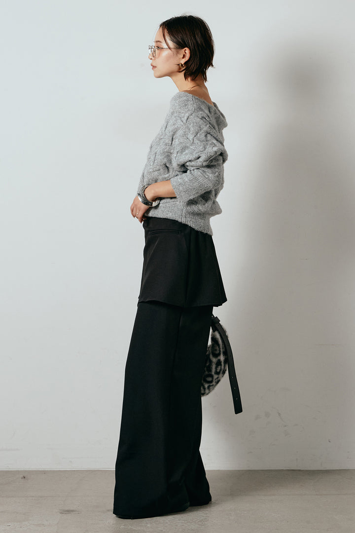 [SET]ボートネックニットトップス+ベルト付きウエストデザインパンツ(2set)