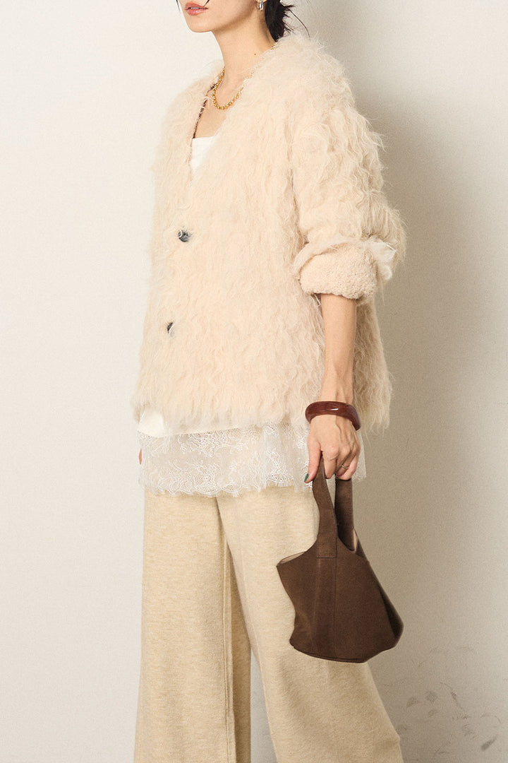 [SET]起毛シャギーニットカーディガン+レース切り替えキャミソール(2set)