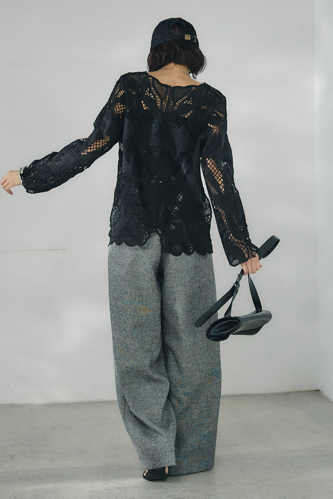 [SET]フラワー刺繍レースブラウス+サイドボタンツイードタックパンツ(2set)