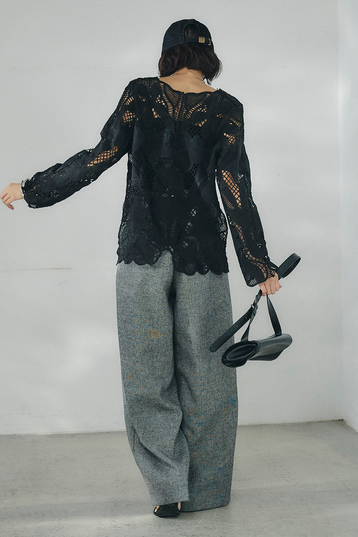 [SET]フラワー刺繍レースブラウス+サイドボタンツイードタックパンツ(2set)