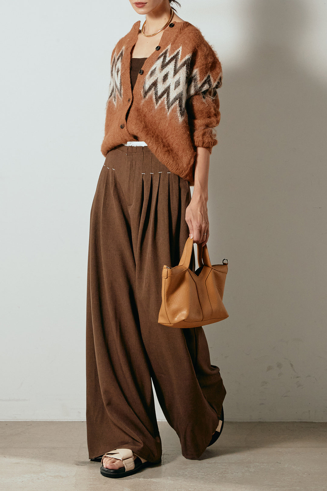 [SET]起毛ノルディック柄ニットカーディガン+ウエストステッチデザインワイドスラックス(2set)