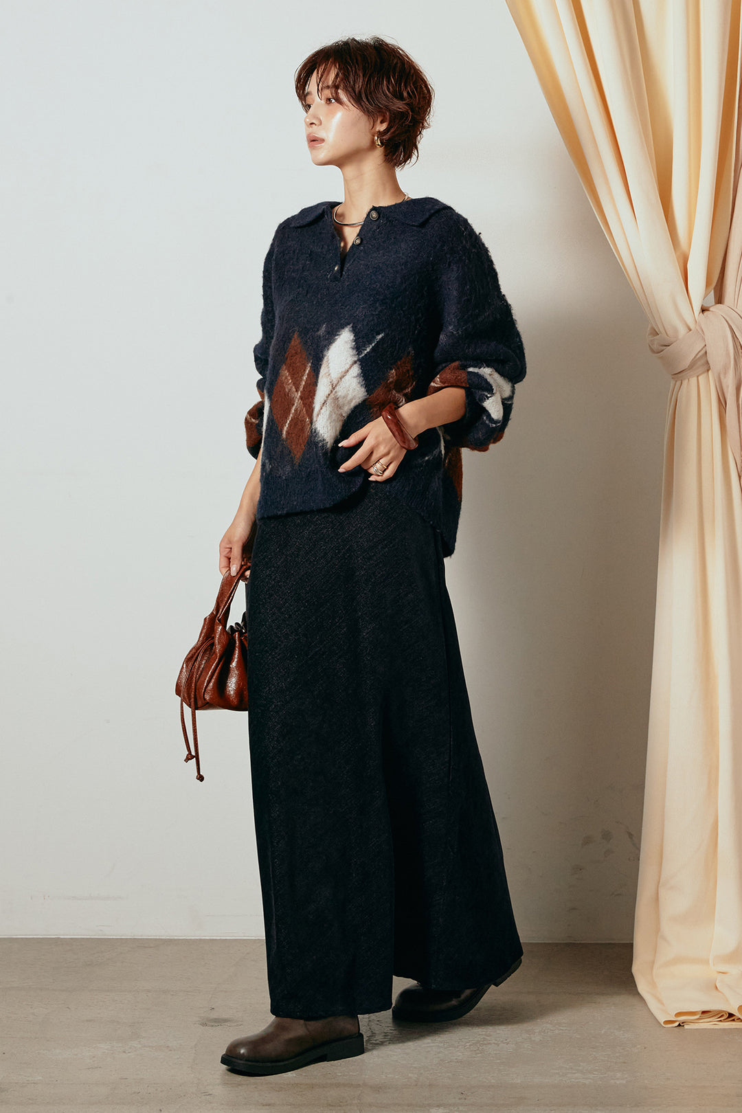 [SET]アーガイル柄ポロニットトップス+スウェードライクロングスカート(2set)