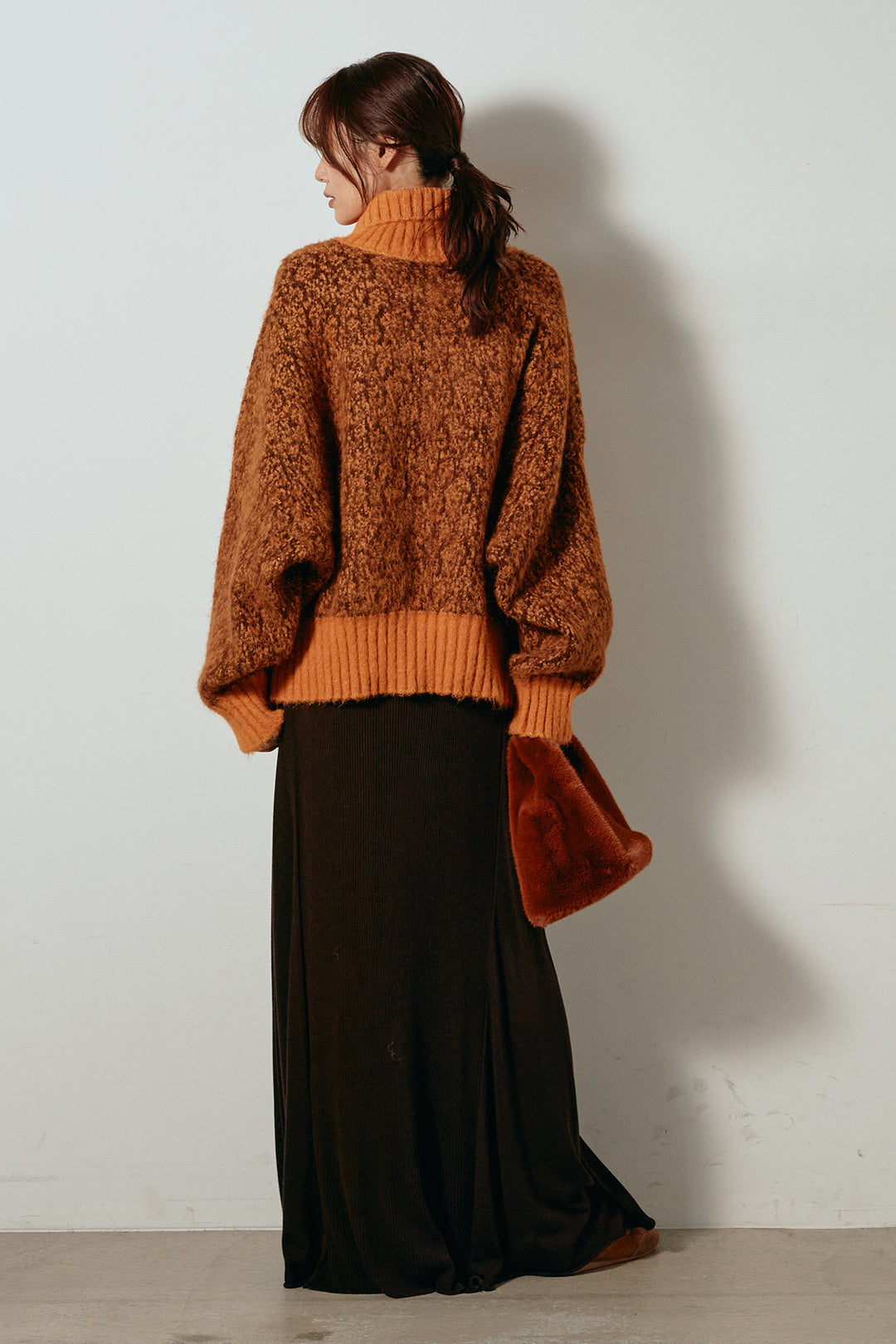 [SET]ハイネックミックスニットトップス+サイド切り替えリブニットロングスカート(2set)