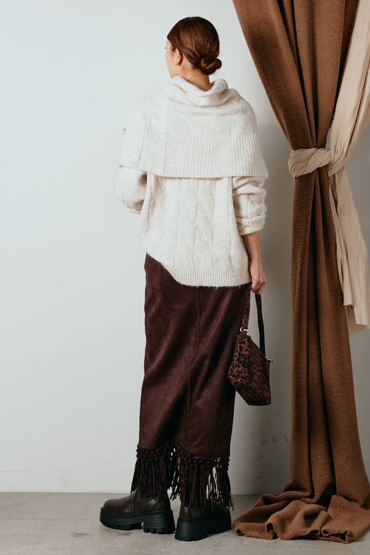 [SET]ケープデザインケーブルニットトップス+スウェードライク裾フリンジスカート(2set)