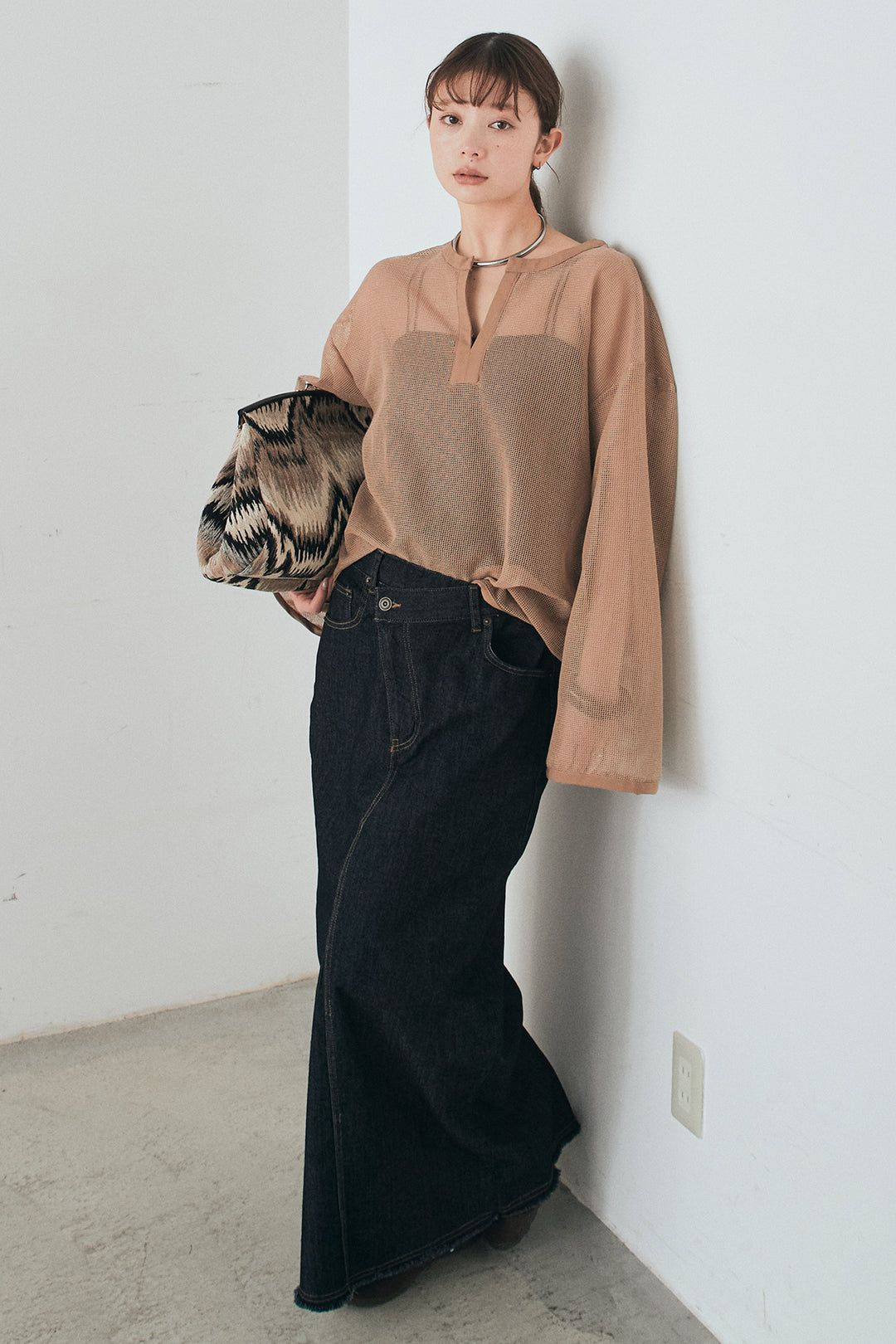 [SET]メッシュカットソースキッパープルオーバー+ウエストクロスデニムタイトスカート(2set)