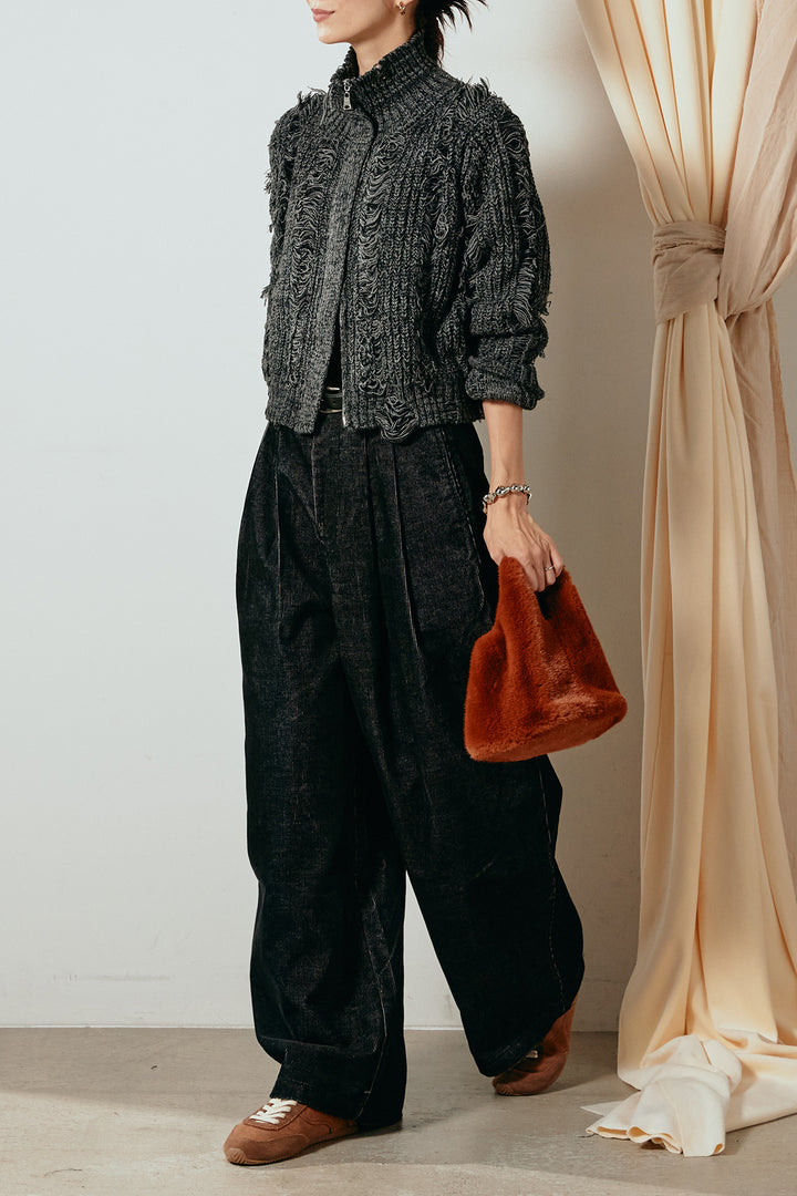 [SET]ハイネックフリンジジップニットトップス+フロントタック入りコーデュロイパンツ(2set)