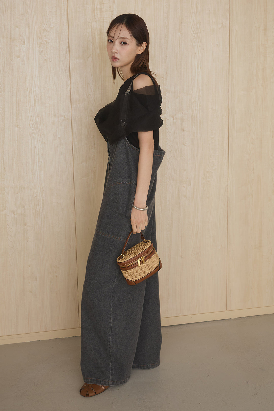 [SET]シアーレイヤーデザインカットソー+フロントボタンデニムサロペット(2set)