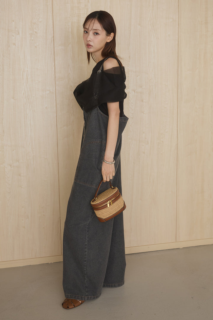 [SET]シアーレイヤーデザインカットソー+フロントボタンデニムサロペット(2set)