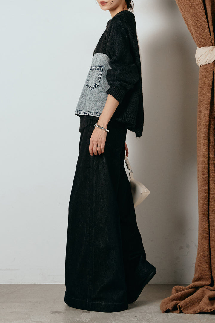 [SET]ハーフジップニットデニムドッキングトップス+ウエストダブルボタンワイドデニムパンツ(2set)