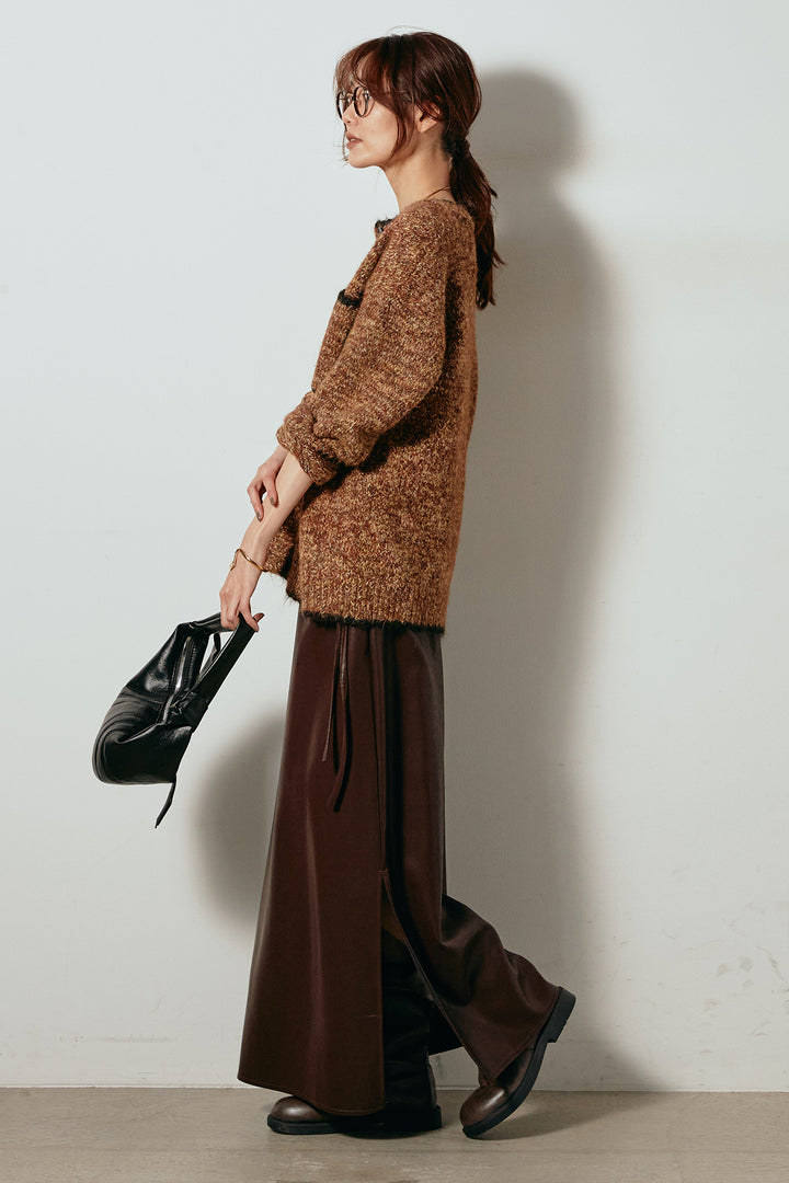 [SET]ミックスニットポケットカーディガン+紐付きフェイクレザーワイドスカート(2set)
