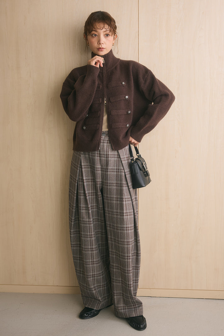 [SET]ナポレオンボタンハイネックニットブルゾン+ブリティッシュチェックバレルパンツ(2set)