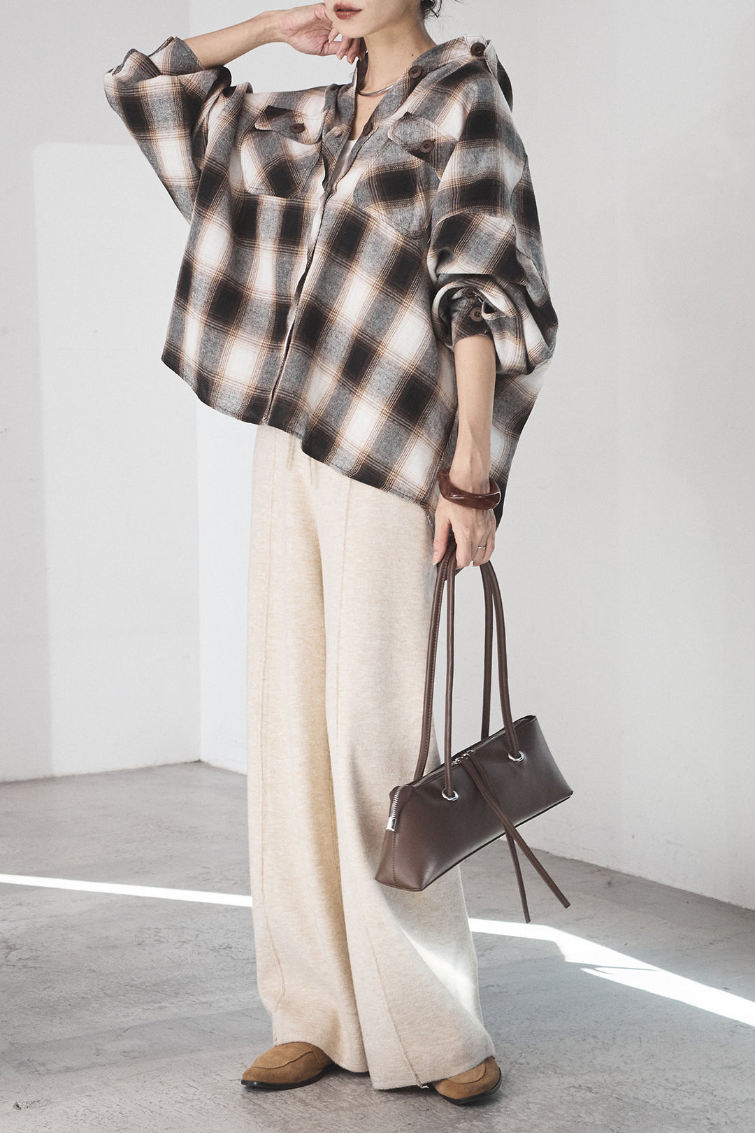 [SET]オンブレーチェックビッグシルエットCPOシャツ+センターラインニットパンツ(2set)