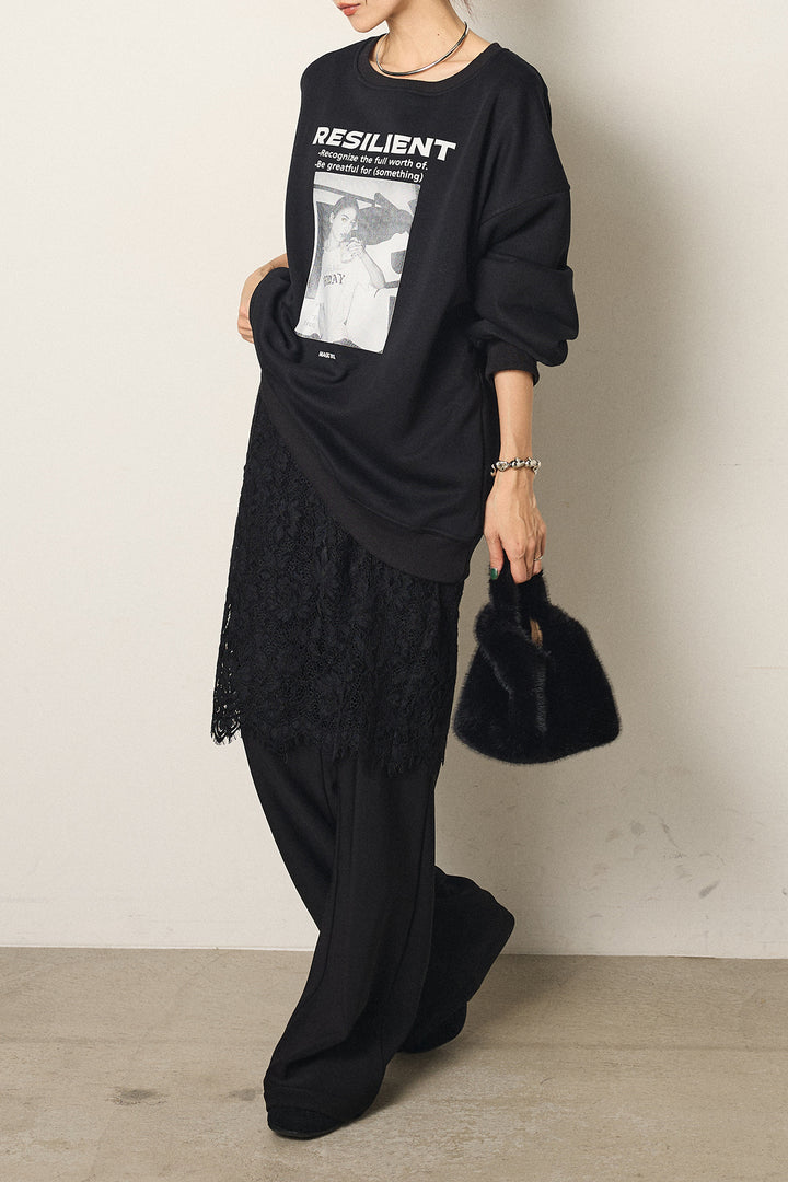 [SET]モノトーンプリントスウェット+レース刺繍レイヤードフレアパンツ(2set)