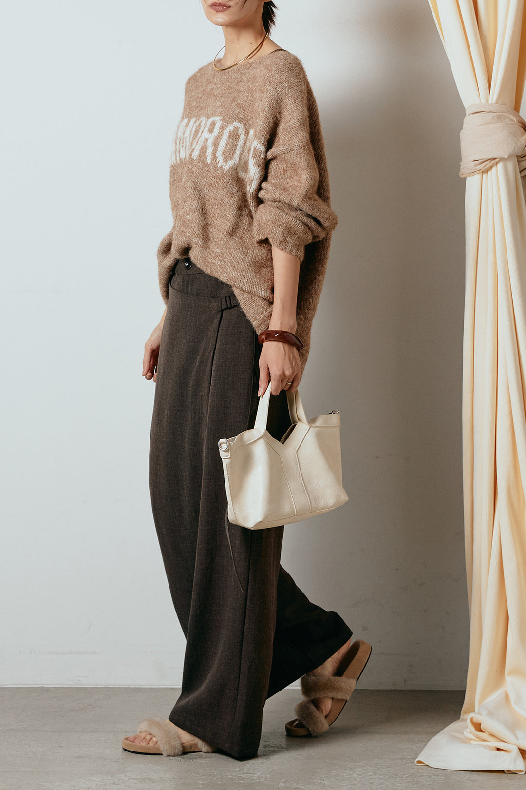 [SET]フロントロゴデザインニットトップス+ラップ巻きワイドスラックス(2set)