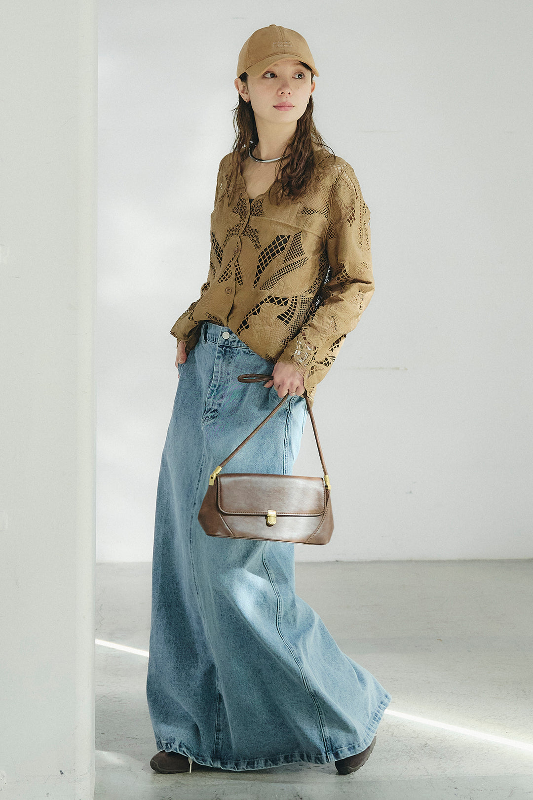 [SET]フラワー刺繍レースブラウス+デニムロングフレアスカート(2set)