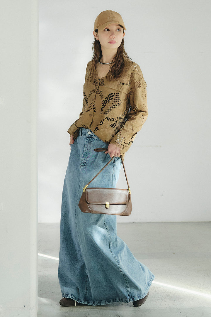 [SET]フラワー刺繍レースブラウス+デニムロングフレアスカート(2set)