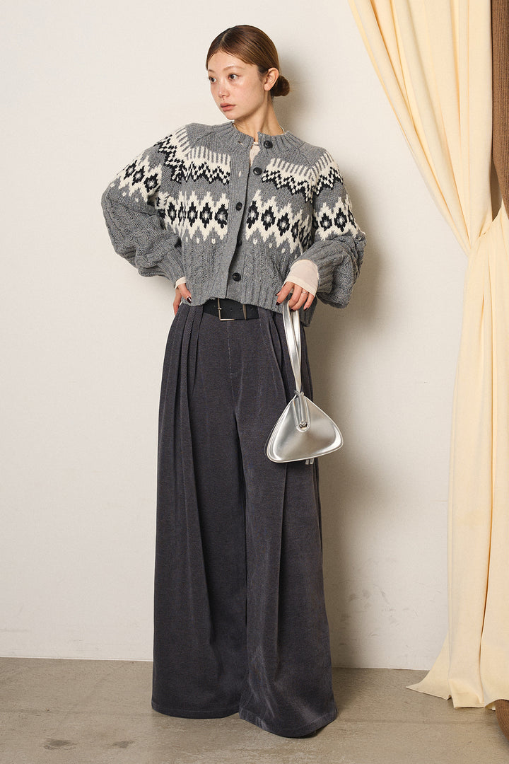 [SET]2WAY求心柄ジャガードショートカーディガン+ベルトループコーデュロイワイドパンツ+2WAY袖コード刺繍クルーネックプルオーバー(3set)
