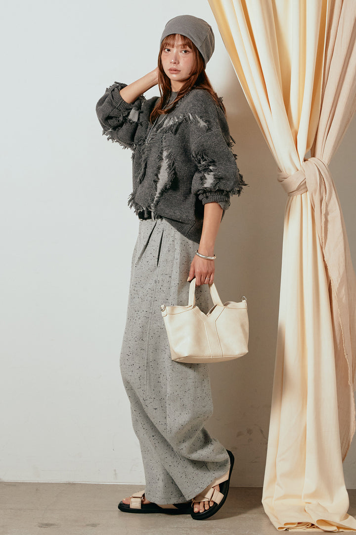 [SET]シャギージャガードニットトップス+ベルト付きネップツイードカーブパンツ(2set)