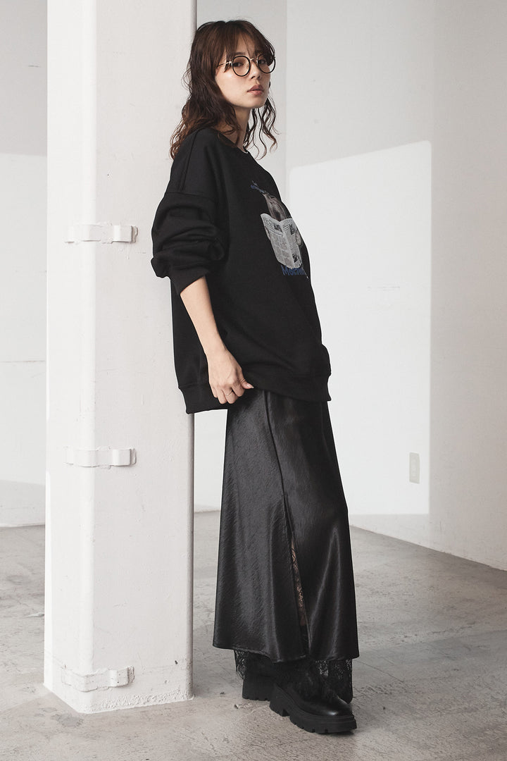 [SET]裏起毛モーニングキャットプリントスウェット+裾レースデザインサテンスカート(2set)