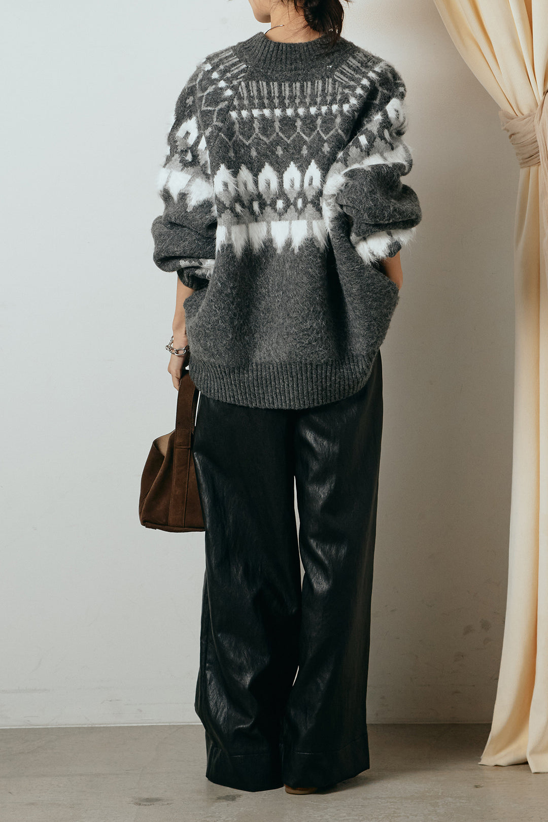 [SET]起毛ダブルジップパターンニットカーディガン+ベルト付きレザーライクタックパンツ(2set)