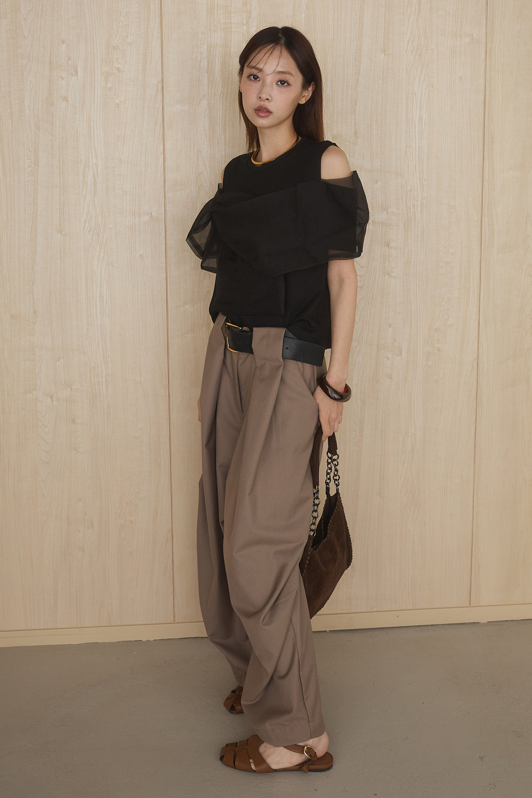 [SET]シアーレイヤーデザインカットソー+ベルトループワイドパンツ(2set)