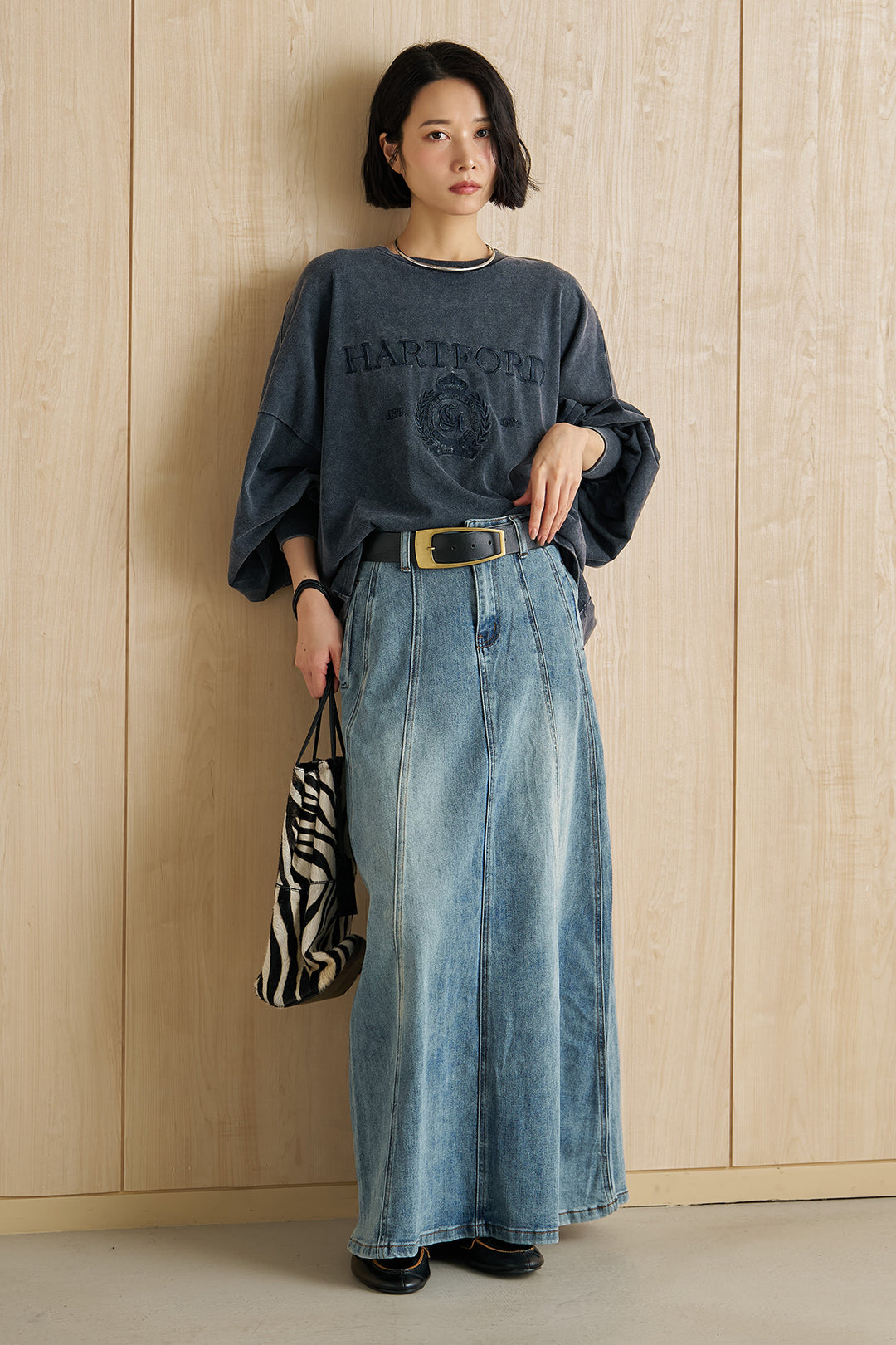 [SET]袖ボリュームHARTFORD刺繍Tシャツ+切替デニムロングスカート(2set)