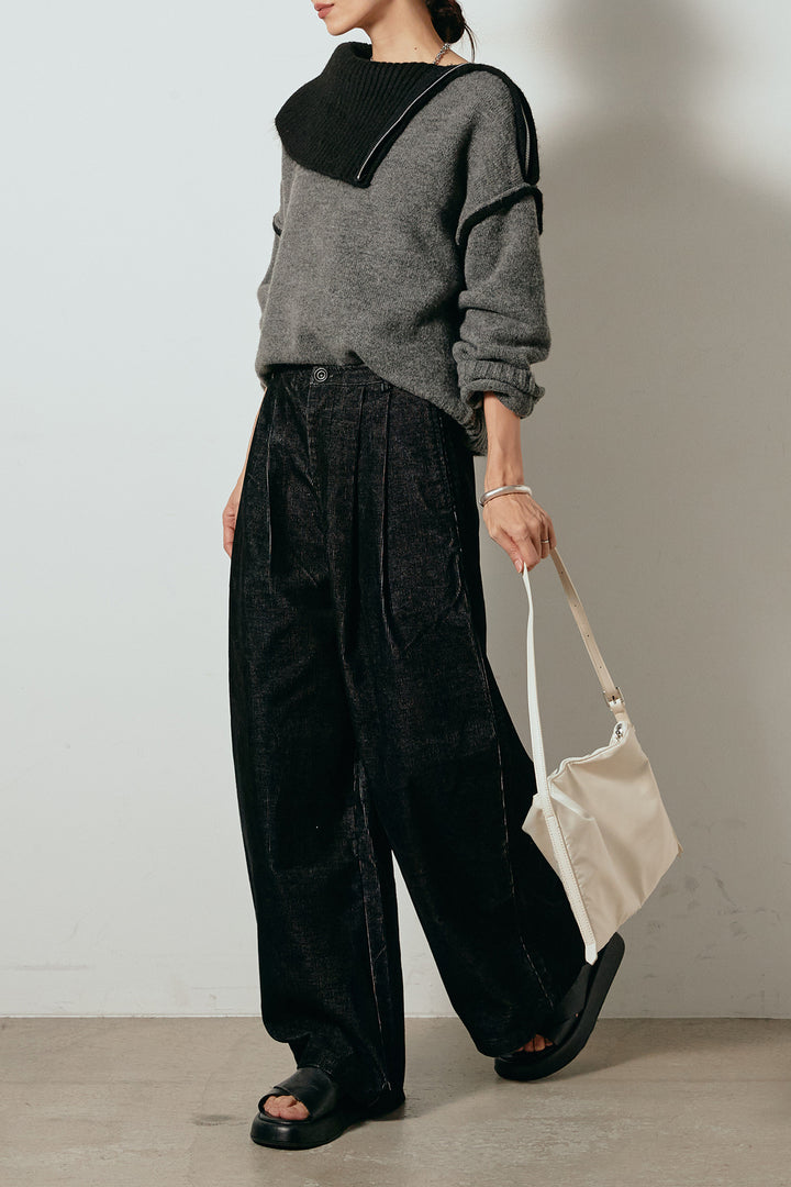 [SET]ハイネックジップデザインニットトップス+フロントタック入りコーデュロイパンツ(2set)