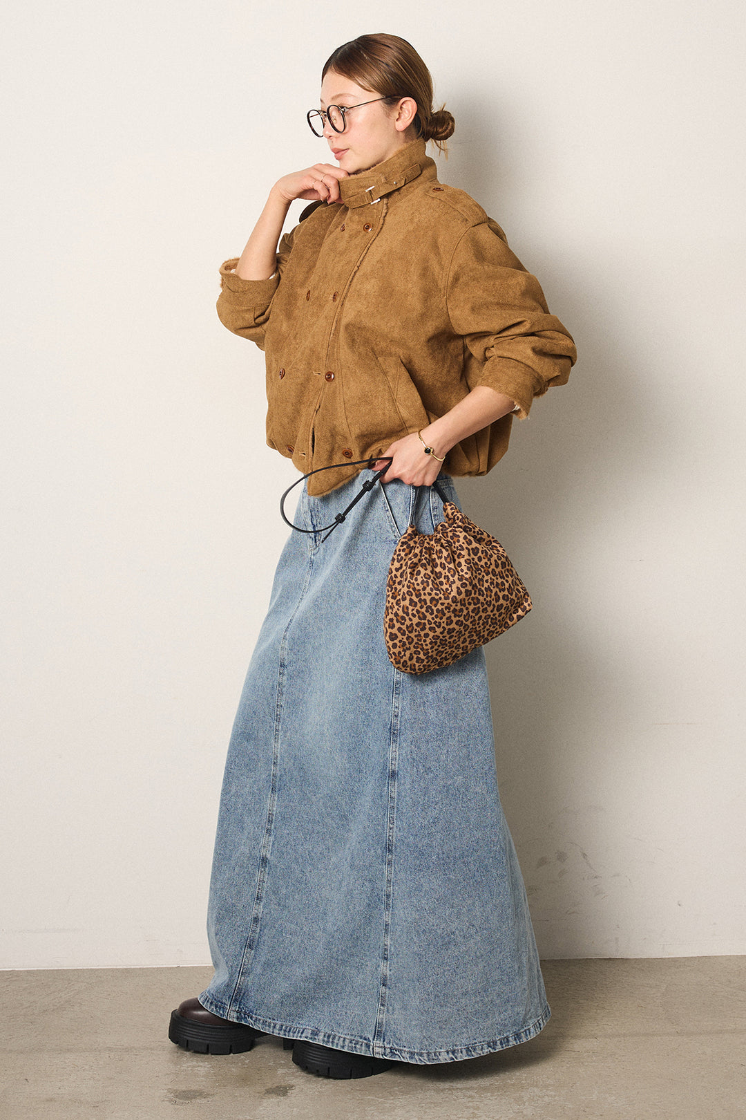 [SET]スタンド襟スウェードライクアウター+デニムロングフレアスカート(2set)