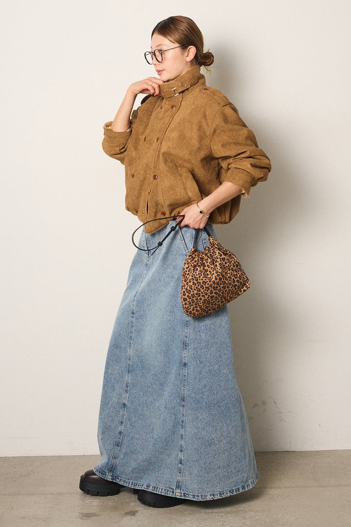 [SET]スタンド襟スウェードライクアウター+デニムロングフレアスカート(2set)
