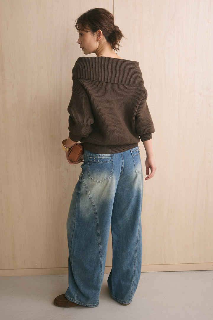 [SET]サイドリボンデザインオフショルニット+スタッズデザインカーブデニムワイドパンツ(2set)
