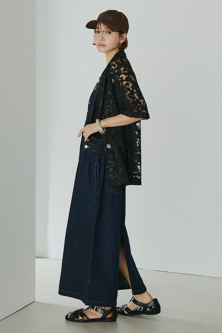 [SET]シアージャガードハーフスリーブテーラードジャケット+配色ショルダーデニムサロペットスカート(2set)