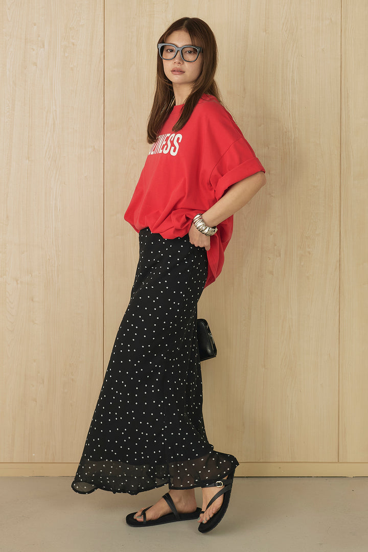 [SET]プリントロゴチュニックTシャツ+ドットサテンナロースカート(2set)