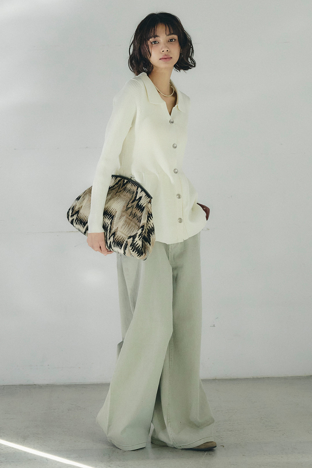 [SET]スキッパーペプラムニット+ウエスト裁ち切りデニムワイドパンツ(2set)