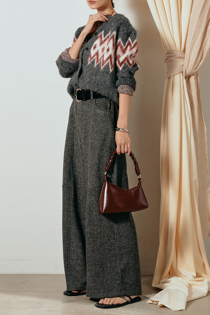 [SET]起毛ノルディック柄ニットカーディガン+太ベルト付きツイードワイドパンツ(2set)