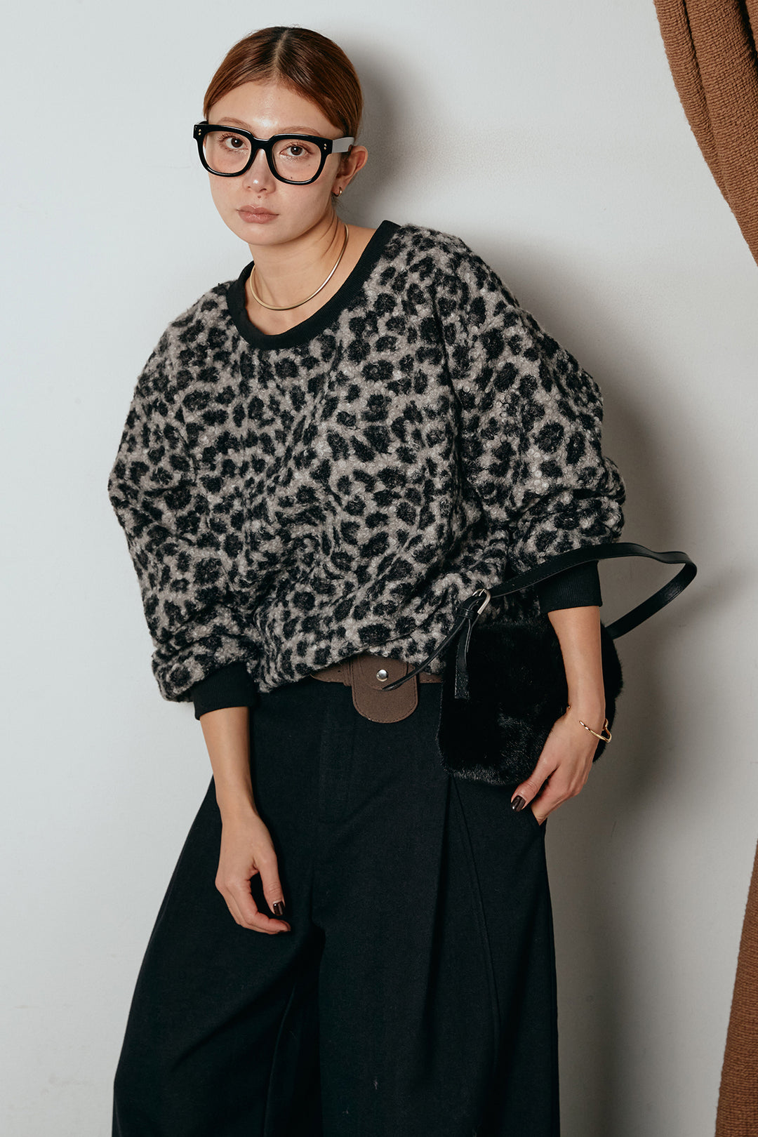 レオパード柄ボアトップス/ブラック