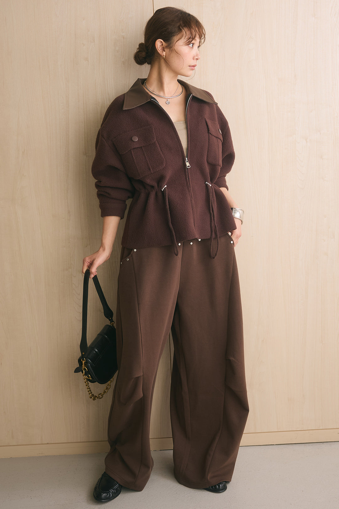 [SET]エコレザー切替えニットジャケット+スタッズ付きニーサイドタックスウェットパンツ(2set)