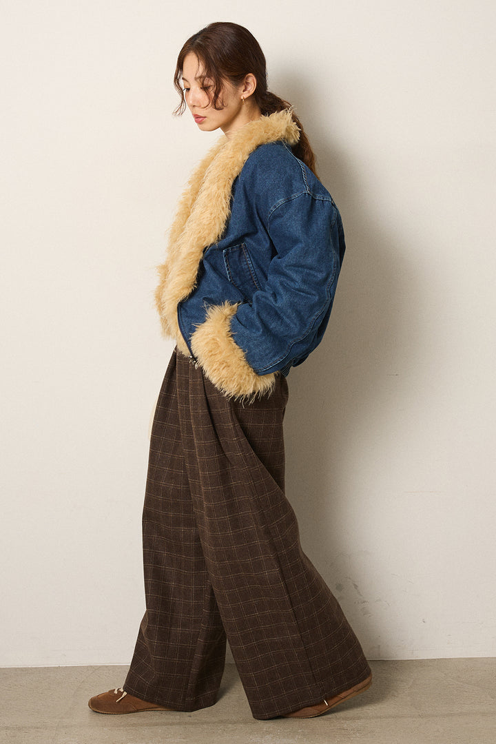 [SET]エコファーデニムボアジャケット+ウールライクチェックタックパンツ(2set)