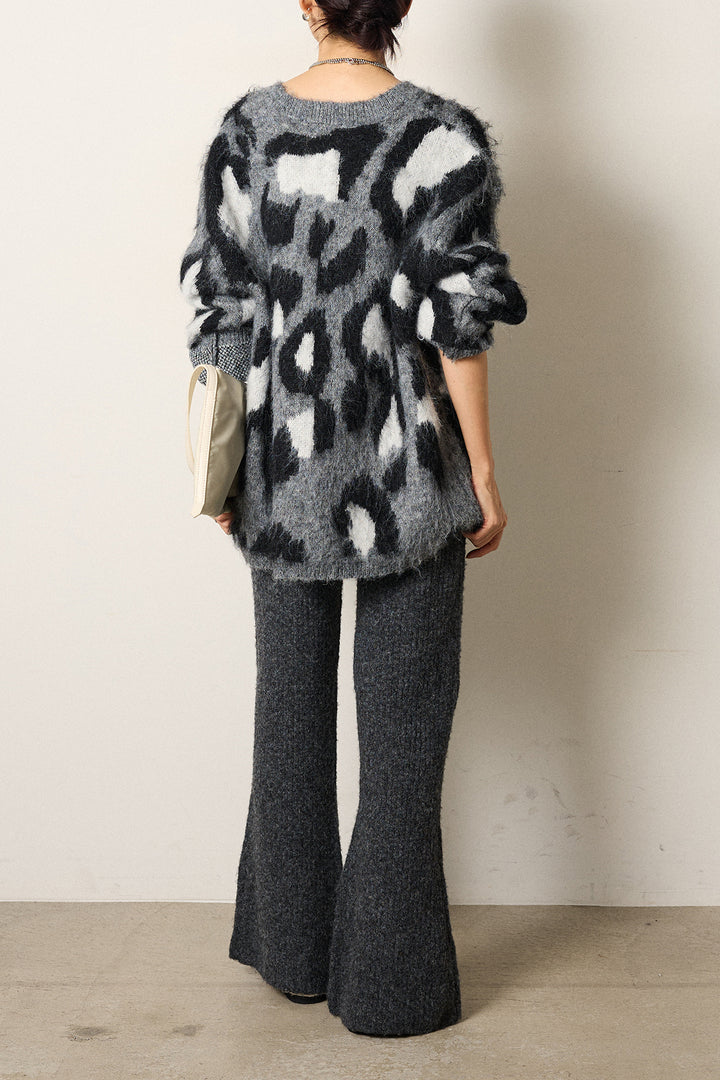 [SET]ルーズアニマルモヘアニットトップス+杢ニットリブフレアパンツ(2set)