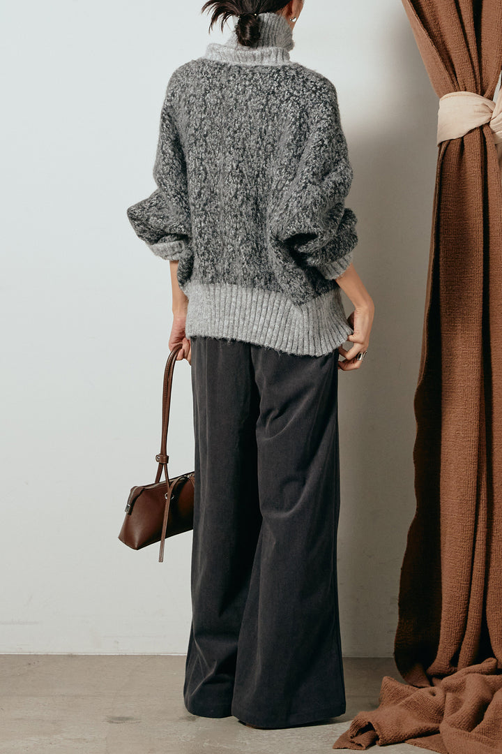 [SET]ハイネックミックスニットトップス+太ベルト付きコーデュロイタックパンツ(2set)