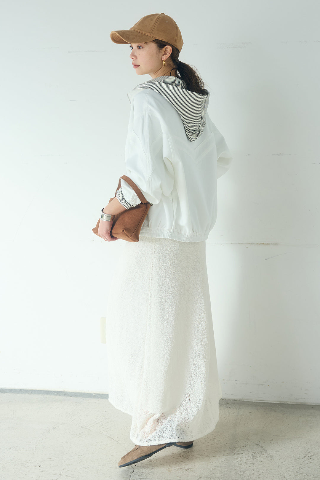 [SET]マルチ切り替えドルマンブルゾン+メッシュ刺繍ロングスカート+ボーダーフーディーロンT(3set)