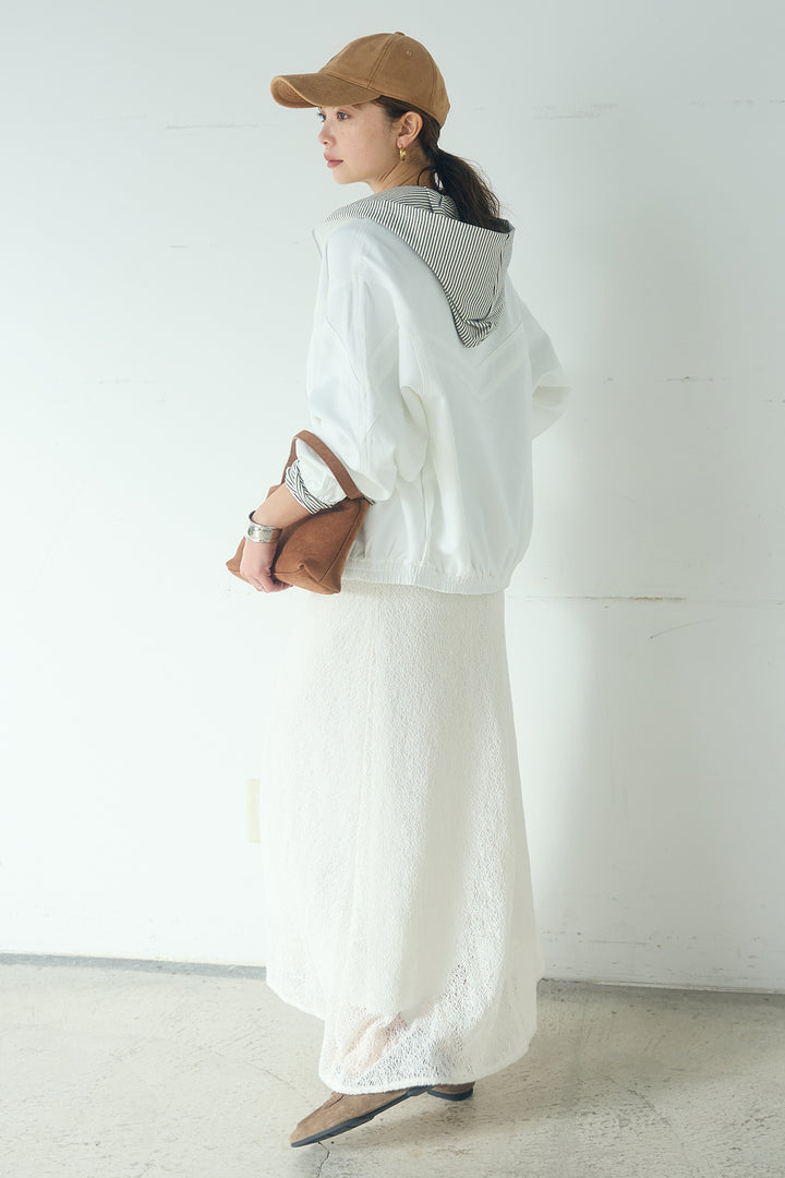 [SET]マルチ切り替えドルマンブルゾン+メッシュ刺繍ロングスカート+ボーダーフーディーロンT(3set)